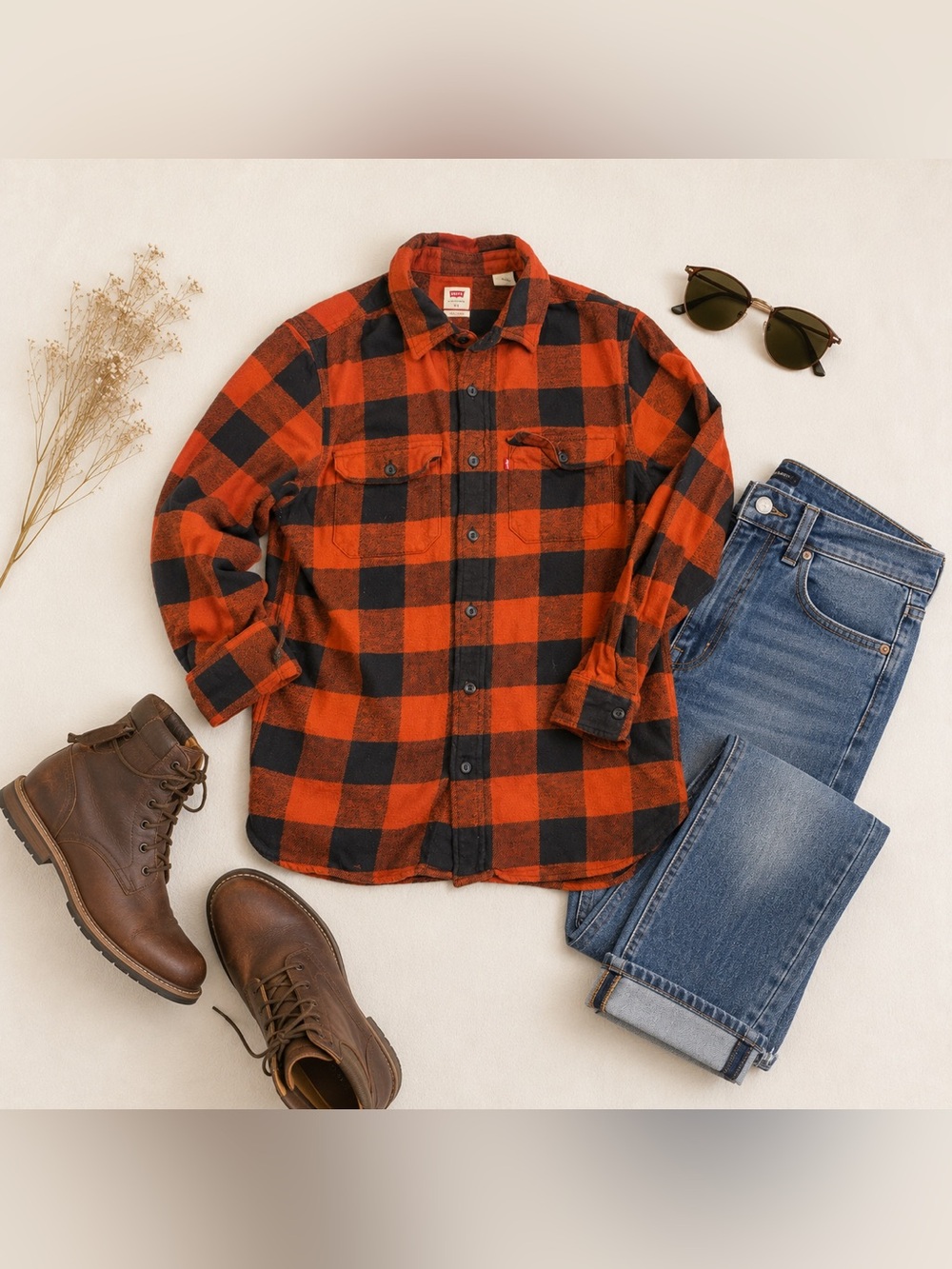 Levis Mens Small Relaxed Fit 100% Cotton Flannel Shirt Orange Black Plaid